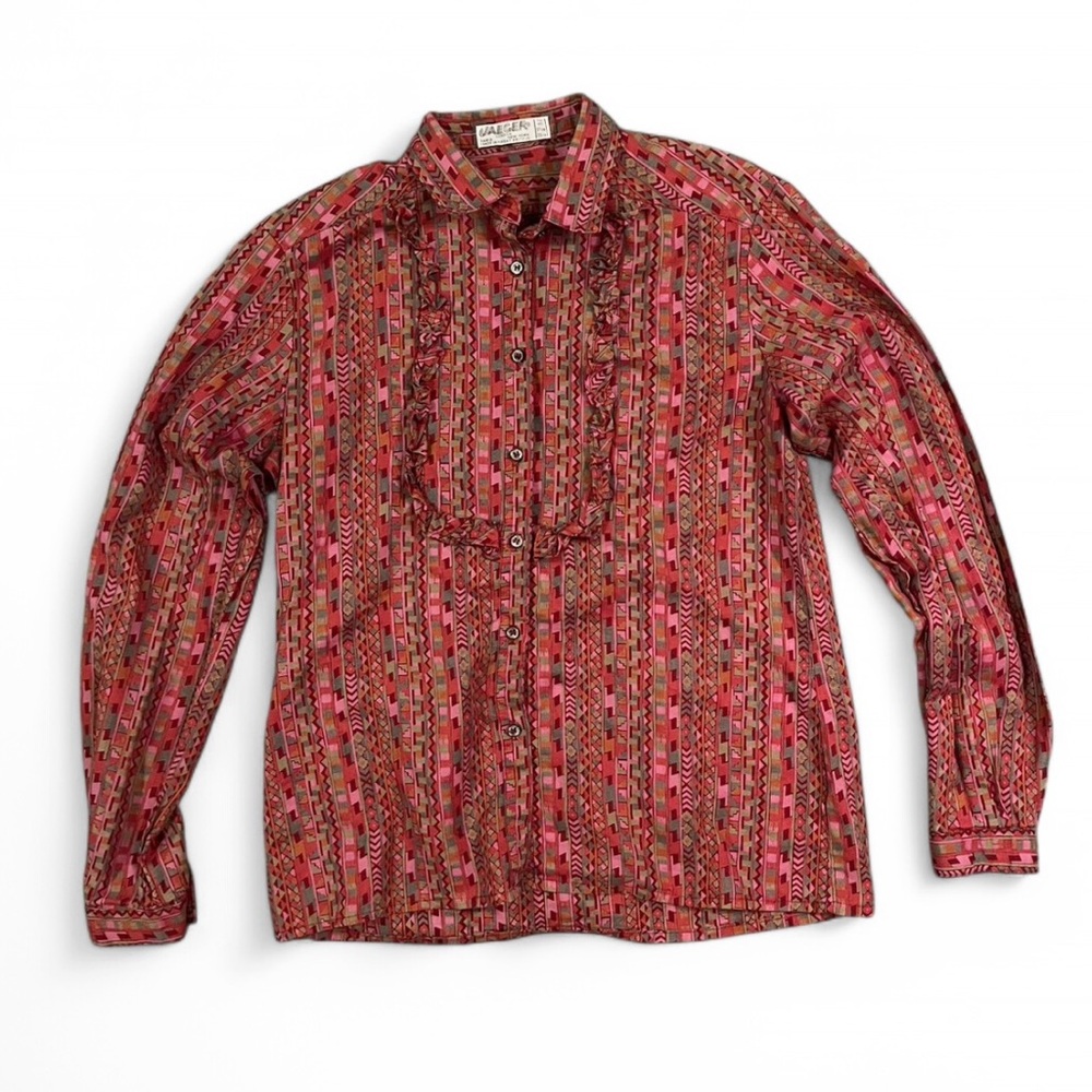 Jaeger Vintage Cotton Ruffle Blouse - Long Sleeves - 1980s Women’s Size S/M